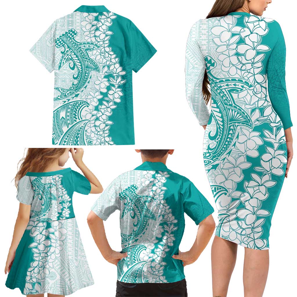 Polynesian Teal Plumeria Lei Family Matching Long Sleeve Bodycon Dress and Hawaiian Shirt with Hammerhead Shark LT7 - Polynesian Pride