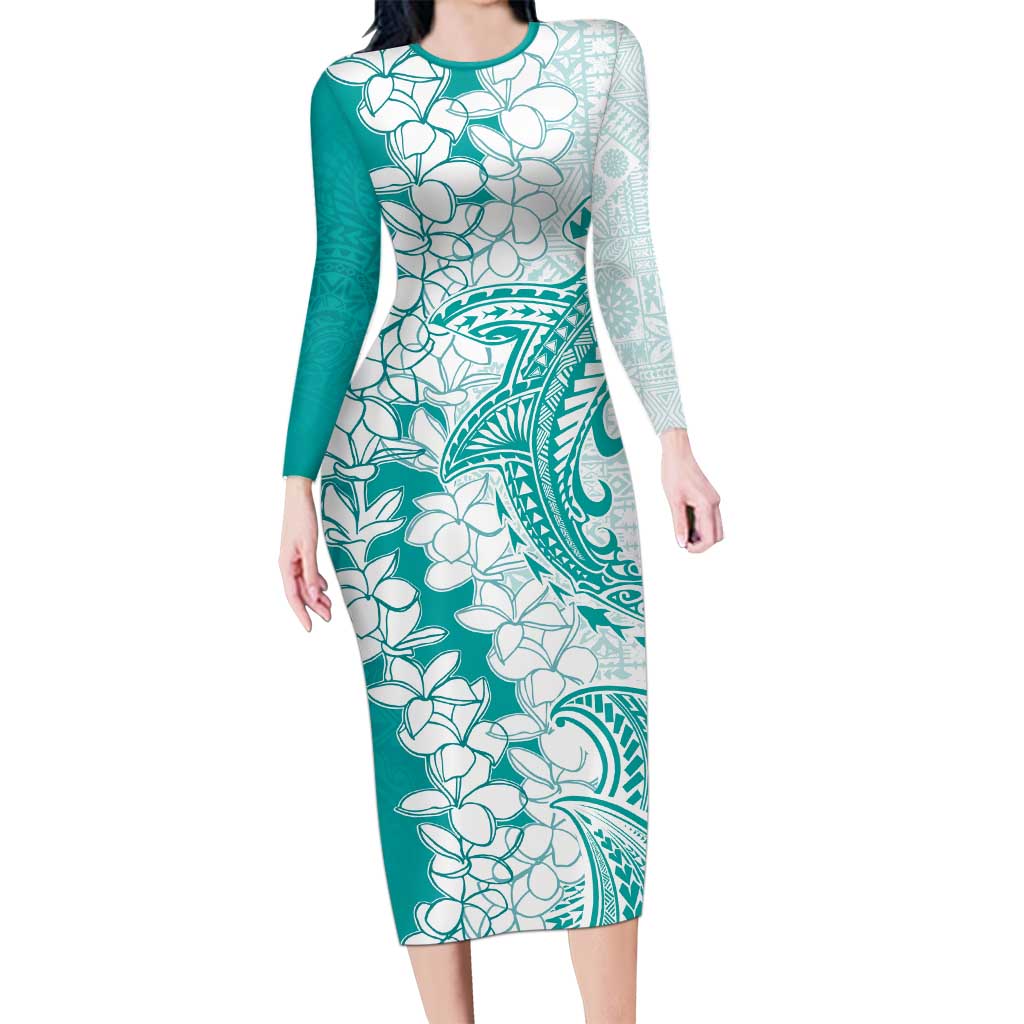 Polynesian Teal Plumeria Lei Family Matching Long Sleeve Bodycon Dress and Hawaiian Shirt with Hammerhead Shark LT7 Mom's Dress Teal - Polynesian Pride