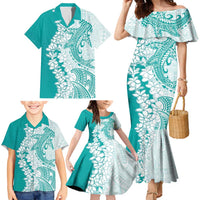 Polynesian Teal Plumeria Lei Family Matching Mermaid Dress and Hawaiian Shirt with Hammerhead Shark LT7 - Polynesian Pride