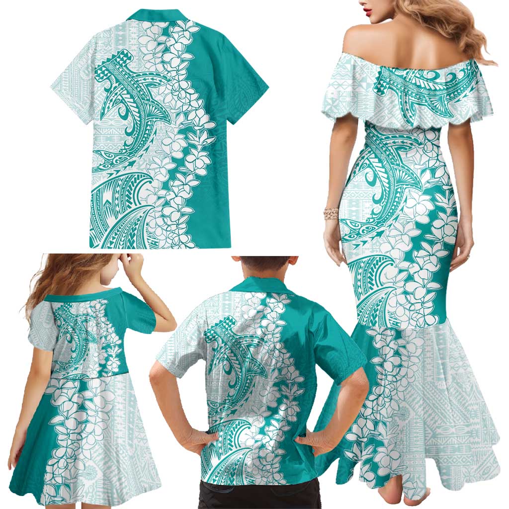 Polynesian Teal Plumeria Lei Family Matching Mermaid Dress and Hawaiian Shirt with Hammerhead Shark LT7 - Polynesian Pride