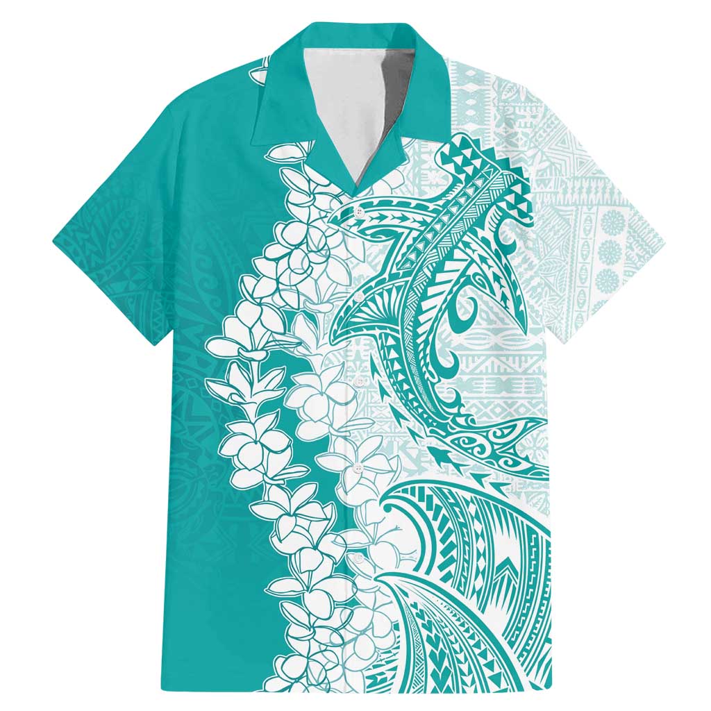 Polynesian Teal Plumeria Lei Family Matching Mermaid Dress and Hawaiian Shirt with Hammerhead Shark LT7 Dad's Shirt - Short Sleeve Teal - Polynesian Pride