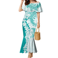 Polynesian Teal Plumeria Lei Family Matching Mermaid Dress and Hawaiian Shirt with Hammerhead Shark LT7 Mom's Dress Teal - Polynesian Pride