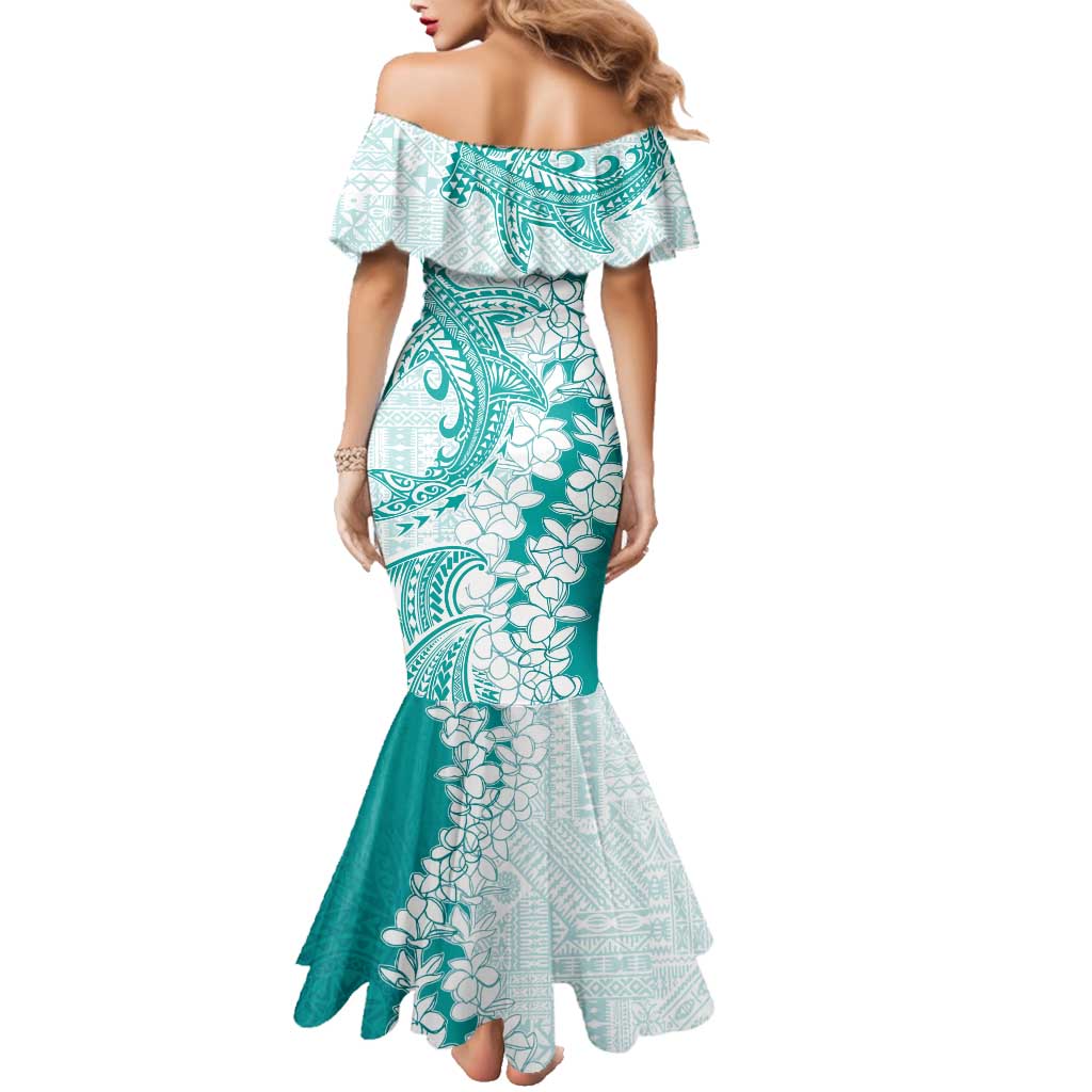 Polynesian Teal Plumeria Lei Family Matching Mermaid Dress and Hawaiian Shirt with Hammerhead Shark LT7 - Polynesian Pride