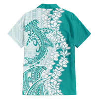 Polynesian Teal Plumeria Lei Family Matching Off The Shoulder Long Sleeve Dress and Hawaiian Shirt with Hammerhead Shark LT7 - Polynesian Pride
