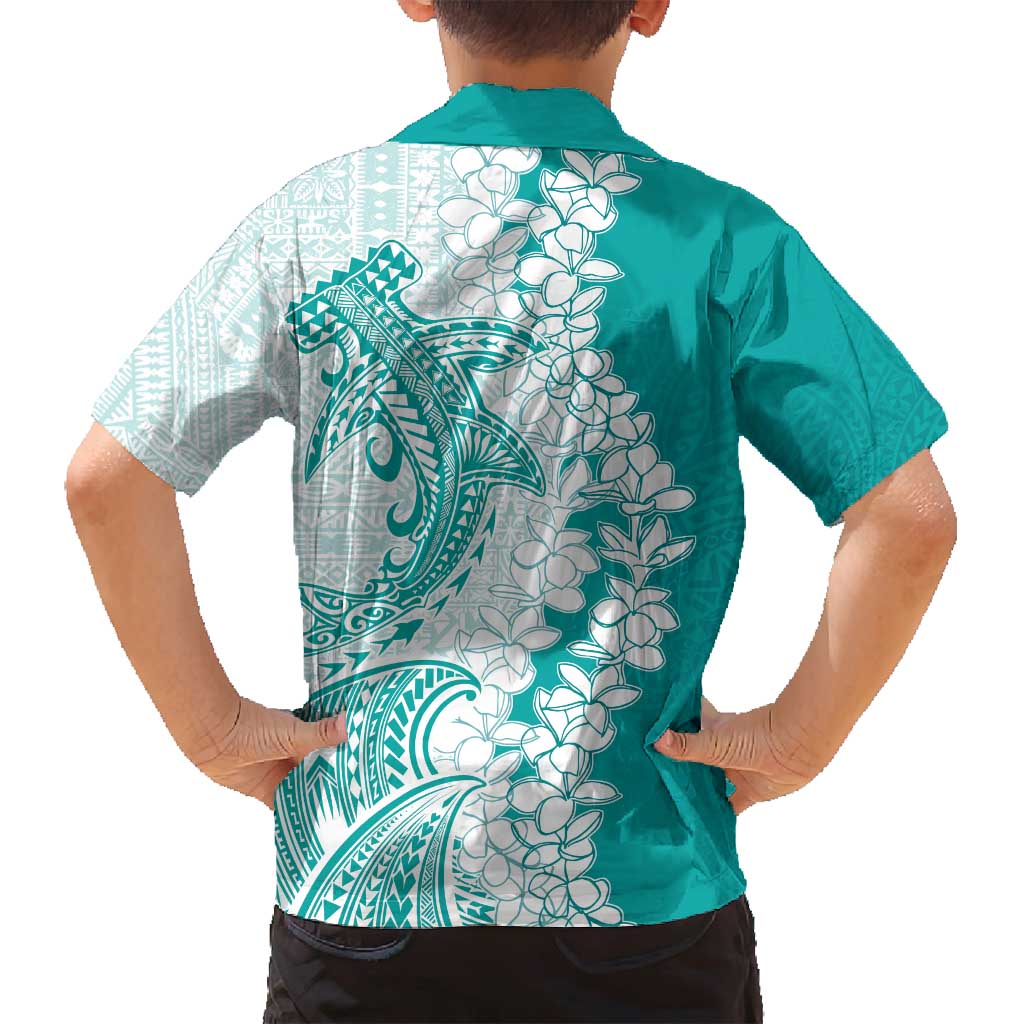 Polynesian Teal Plumeria Lei Family Matching Off Shoulder Maxi Dress and Hawaiian Shirt with Hammerhead Shark LT7 - Polynesian Pride
