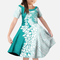 Polynesian Teal Plumeria Lei Family Matching Off Shoulder Maxi Dress and Hawaiian Shirt with Hammerhead Shark LT7 Daughter's Dress Teal - Polynesian Pride