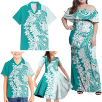 Polynesian Teal Plumeria Lei Family Matching Off Shoulder Maxi Dress and Hawaiian Shirt with Hammerhead Shark LT7 - Polynesian Pride