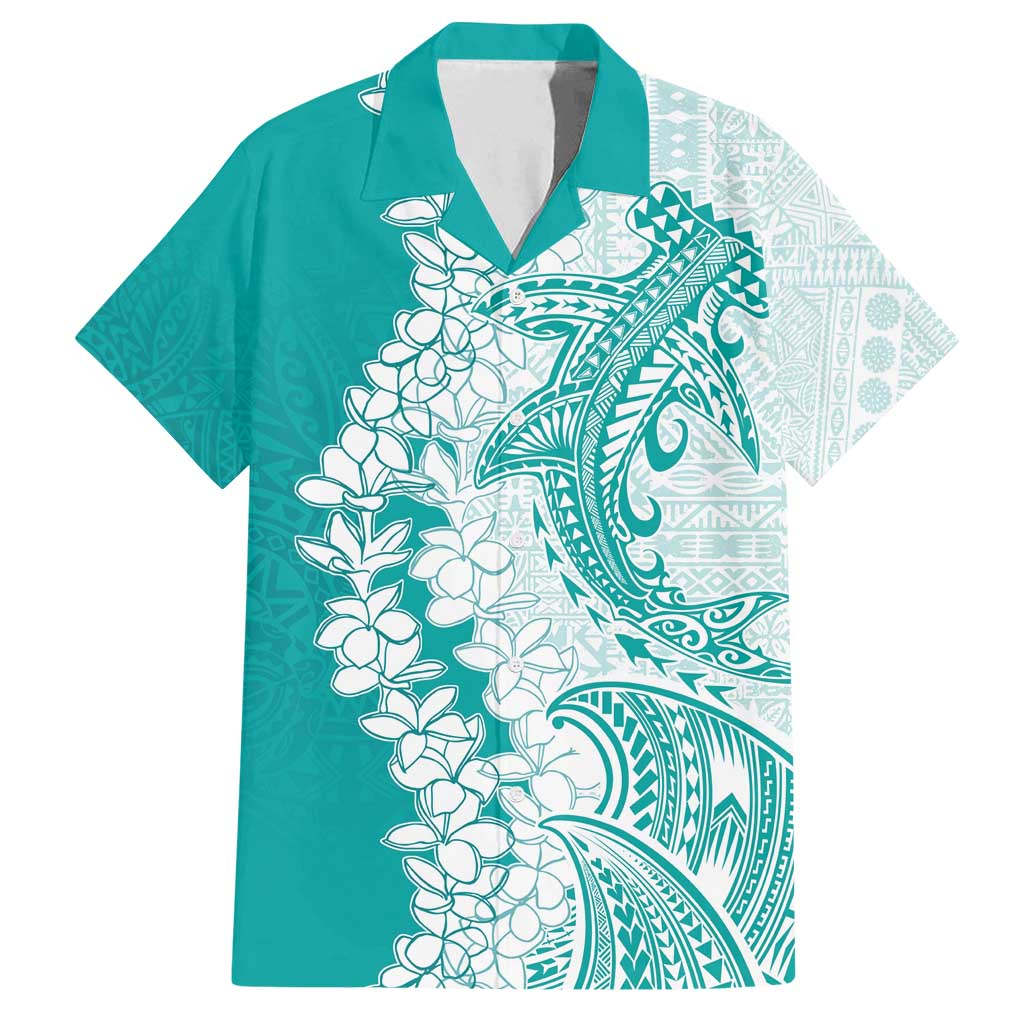 Polynesian Teal Plumeria Lei Family Matching Off Shoulder Maxi Dress and Hawaiian Shirt with Hammerhead Shark LT7 Dad's Shirt - Short Sleeve Teal - Polynesian Pride