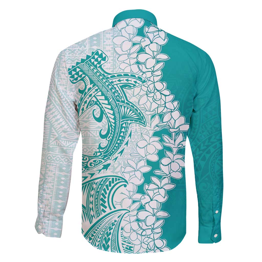 Polynesian Teal Plumeria Lei Family Matching Off Shoulder Maxi Dress and Hawaiian Shirt with Hammerhead Shark LT7 - Polynesian Pride