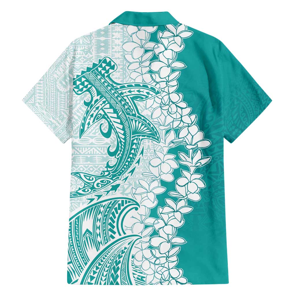 Polynesian Teal Plumeria Lei Family Matching Off Shoulder Short Dress and Hawaiian Shirt with Hammerhead Shark LT7 - Polynesian Pride
