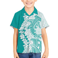 Polynesian Teal Plumeria Lei Family Matching Off Shoulder Short Dress and Hawaiian Shirt with Hammerhead Shark LT7 Son's Shirt Teal - Polynesian Pride