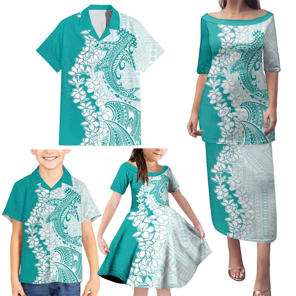 Polynesian Teal Plumeria Lei Family Matching Puletasi and Hawaiian Shirt with Hammerhead Shark LT7 - Polynesian Pride