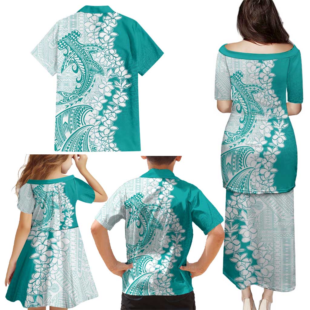 Polynesian Teal Plumeria Lei Family Matching Puletasi and Hawaiian Shirt with Hammerhead Shark LT7 - Polynesian Pride