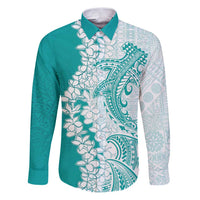 Polynesian Teal Plumeria Lei Family Matching Puletasi and Hawaiian Shirt with Hammerhead Shark LT7 Dad's Shirt - Long Sleeve Teal - Polynesian Pride