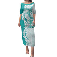 Polynesian Teal Plumeria Lei Family Matching Puletasi and Hawaiian Shirt with Hammerhead Shark LT7 Mom's Dress Teal - Polynesian Pride
