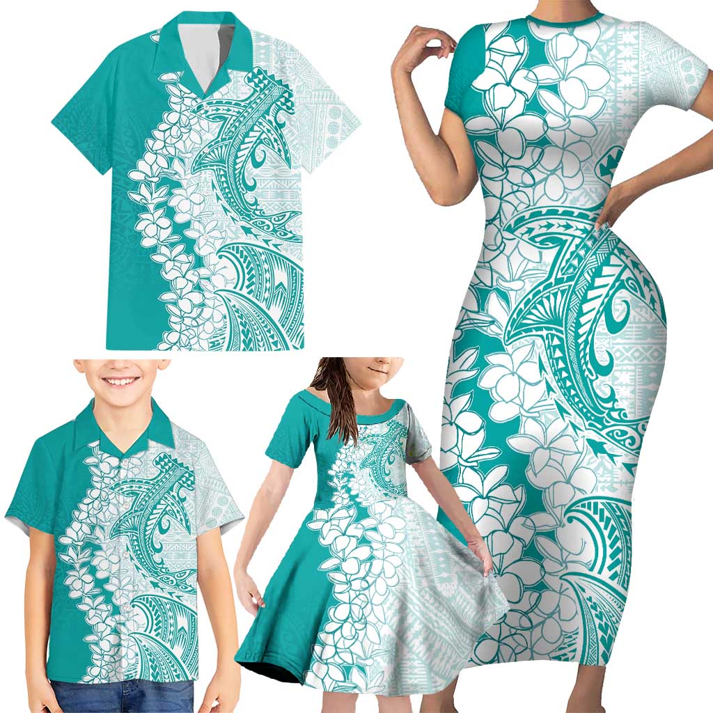 Polynesian Teal Plumeria Lei Family Matching Short Sleeve Bodycon Dress and Hawaiian Shirt with Hammerhead Shark LT7 - Polynesian Pride