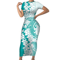 Polynesian Teal Plumeria Lei Family Matching Short Sleeve Bodycon Dress and Hawaiian Shirt with Hammerhead Shark LT7 Mom's Dress Teal - Polynesian Pride