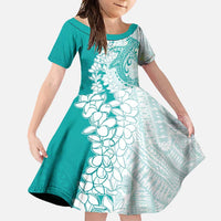 Polynesian Teal Plumeria Lei Family Matching Summer Maxi Dress and Hawaiian Shirt with Hammerhead Shark LT7 Daughter's Dress Teal - Polynesian Pride