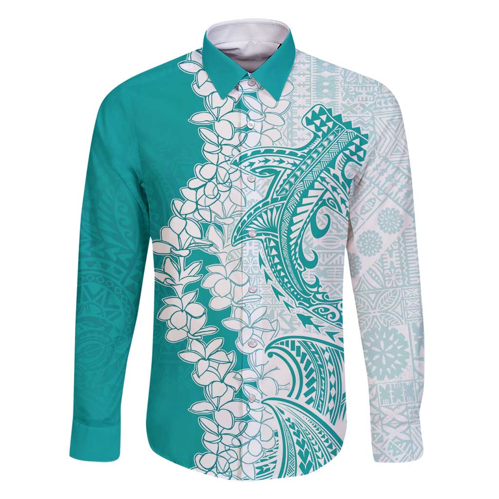 Polynesian Teal Plumeria Lei Family Matching Summer Maxi Dress and Hawaiian Shirt with Hammerhead Shark LT7 Dad's Shirt - Long Sleeve Teal - Polynesian Pride