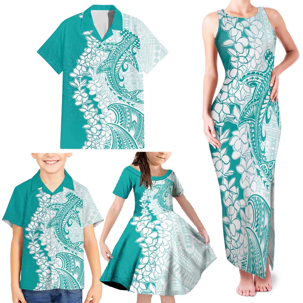 Polynesian Teal Plumeria Lei Family Matching Tank Maxi Dress and Hawaiian Shirt with Hammerhead Shark LT7 - Polynesian Pride
