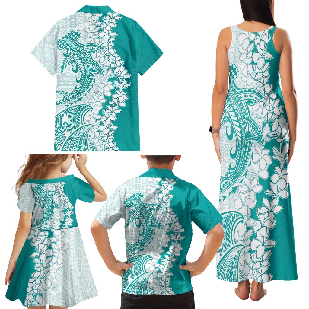 Polynesian Teal Plumeria Lei Family Matching Tank Maxi Dress and Hawaiian Shirt with Hammerhead Shark LT7 - Polynesian Pride