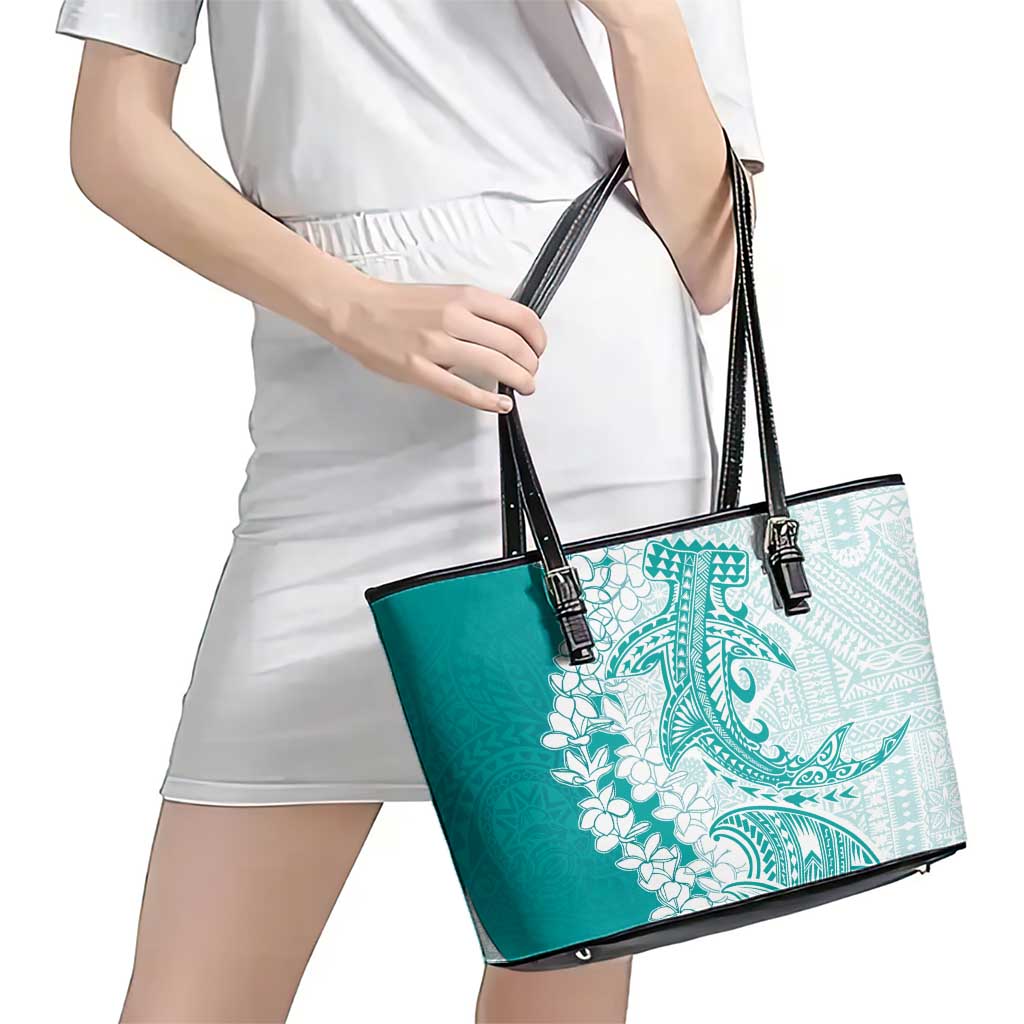 Polynesian Teal Plumeria Lei Leather Tote Bag with Hammerhead Shark