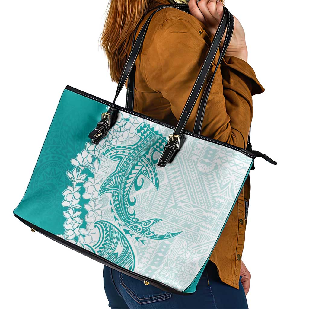 Polynesian Teal Plumeria Lei Leather Tote Bag with Hammerhead Shark