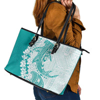Polynesian Teal Plumeria Lei Leather Tote Bag with Hammerhead Shark