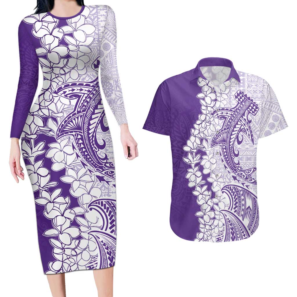 Polynesian Purple Plumeria Lei Couples Matching Long Sleeve Bodycon Dress and Hawaiian Shirt with Hammerhead Shark LT7 Purple - Polynesian Pride