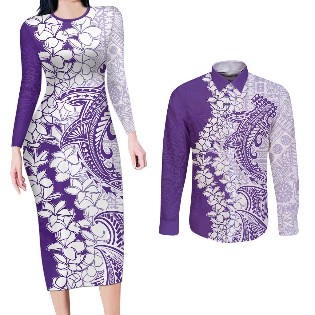 Polynesian Purple Plumeria Lei Couples Matching Long Sleeve Bodycon Dress and Long Sleeve Button Shirt with Hammerhead Shark LT7 Purple - Polynesian Pride