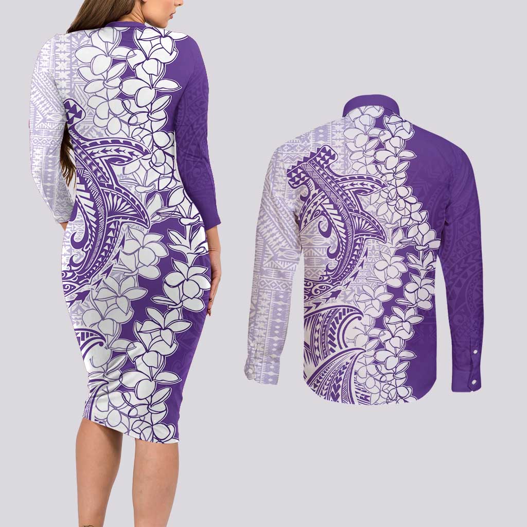 Polynesian Purple Plumeria Lei Couples Matching Long Sleeve Bodycon Dress and Long Sleeve Button Shirt with Hammerhead Shark LT7 - Polynesian Pride