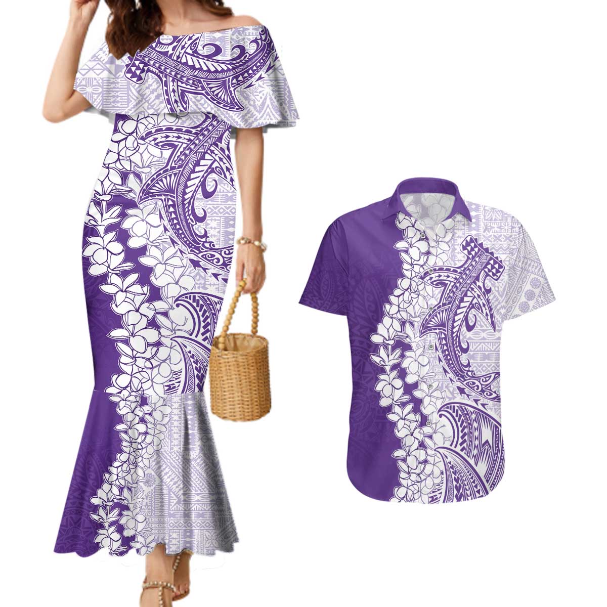 Polynesian Purple Plumeria Lei Couples Matching Mermaid Dress and Hawaiian Shirt with Hammerhead Shark LT7 Purple - Polynesian Pride