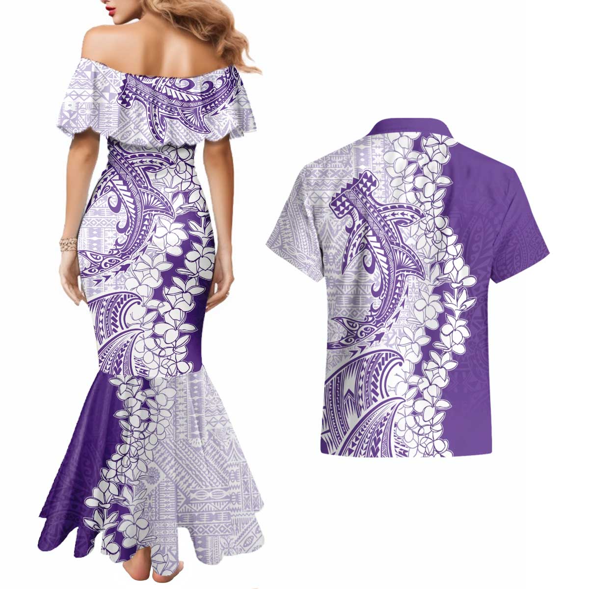 Polynesian Purple Plumeria Lei Couples Matching Mermaid Dress and Hawaiian Shirt with Hammerhead Shark LT7 - Polynesian Pride