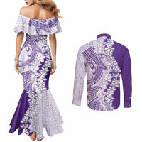 Polynesian Purple Plumeria Lei Couples Matching Mermaid Dress and Long Sleeve Button Shirt with Hammerhead Shark LT7 - Polynesian Pride
