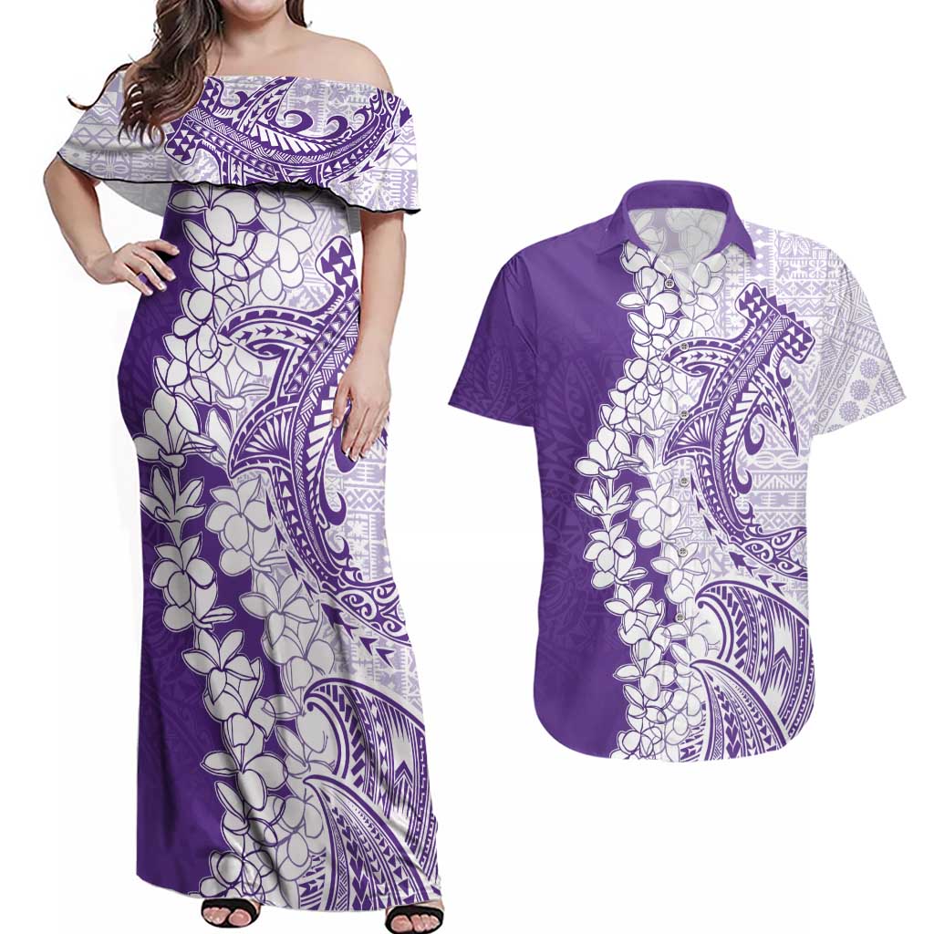 Polynesian Purple Plumeria Lei Couples Matching Off Shoulder Maxi Dress and Hawaiian Shirt with Hammerhead Shark LT7 Purple - Polynesian Pride