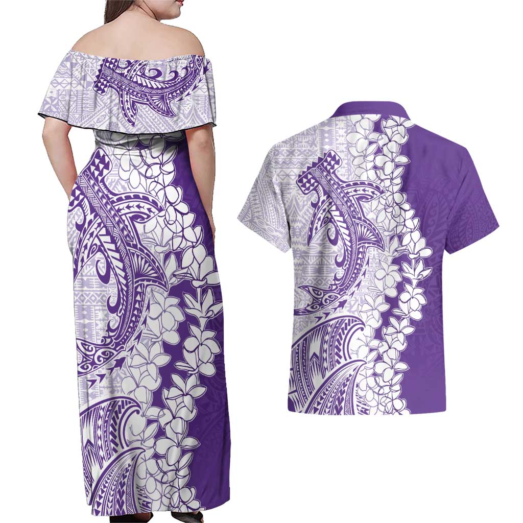 Polynesian Purple Plumeria Lei Couples Matching Off Shoulder Maxi Dress and Hawaiian Shirt with Hammerhead Shark LT7 - Polynesian Pride