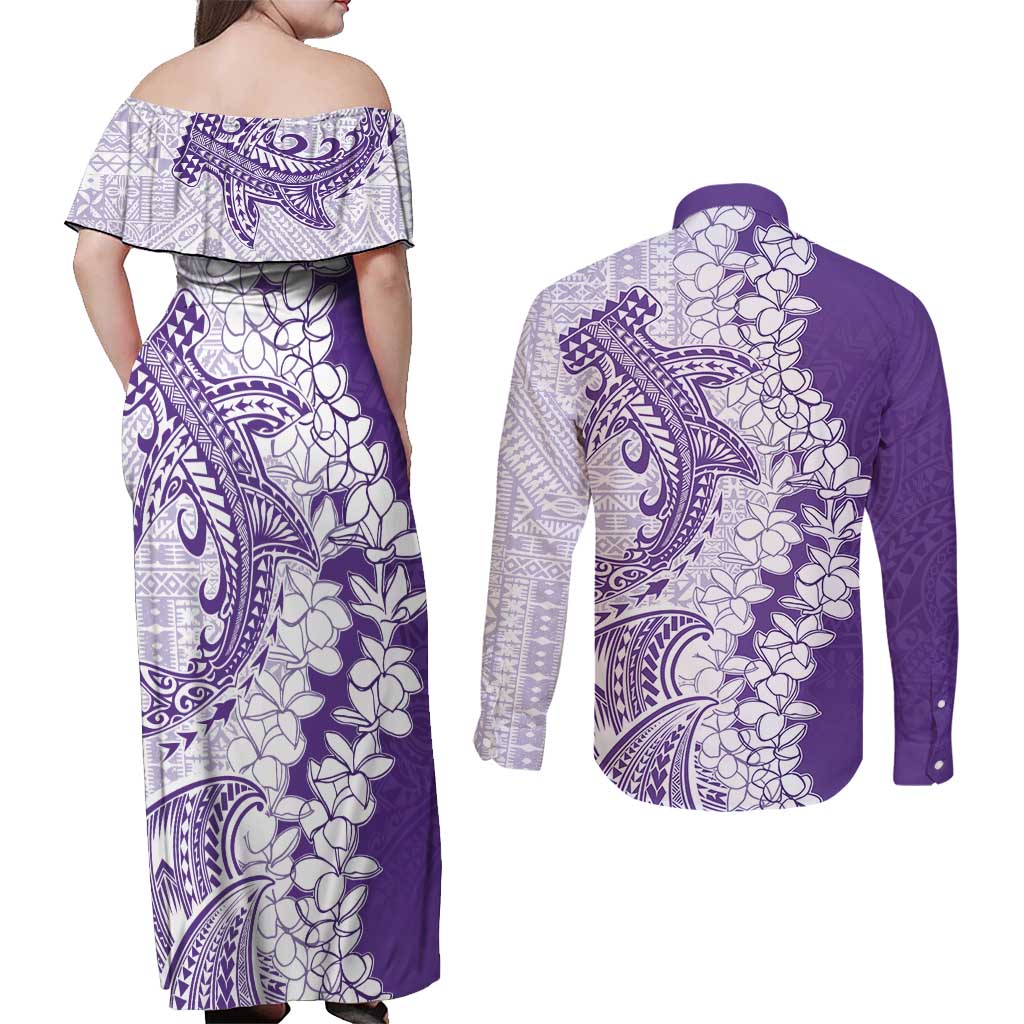 Polynesian Purple Plumeria Lei Couples Matching Off Shoulder Maxi Dress and Long Sleeve Button Shirt with Hammerhead Shark LT7 - Polynesian Pride
