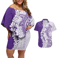 Polynesian Purple Plumeria Lei Couples Matching Off Shoulder Short Dress and Hawaiian Shirt with Hammerhead Shark LT7 Purple - Polynesian Pride