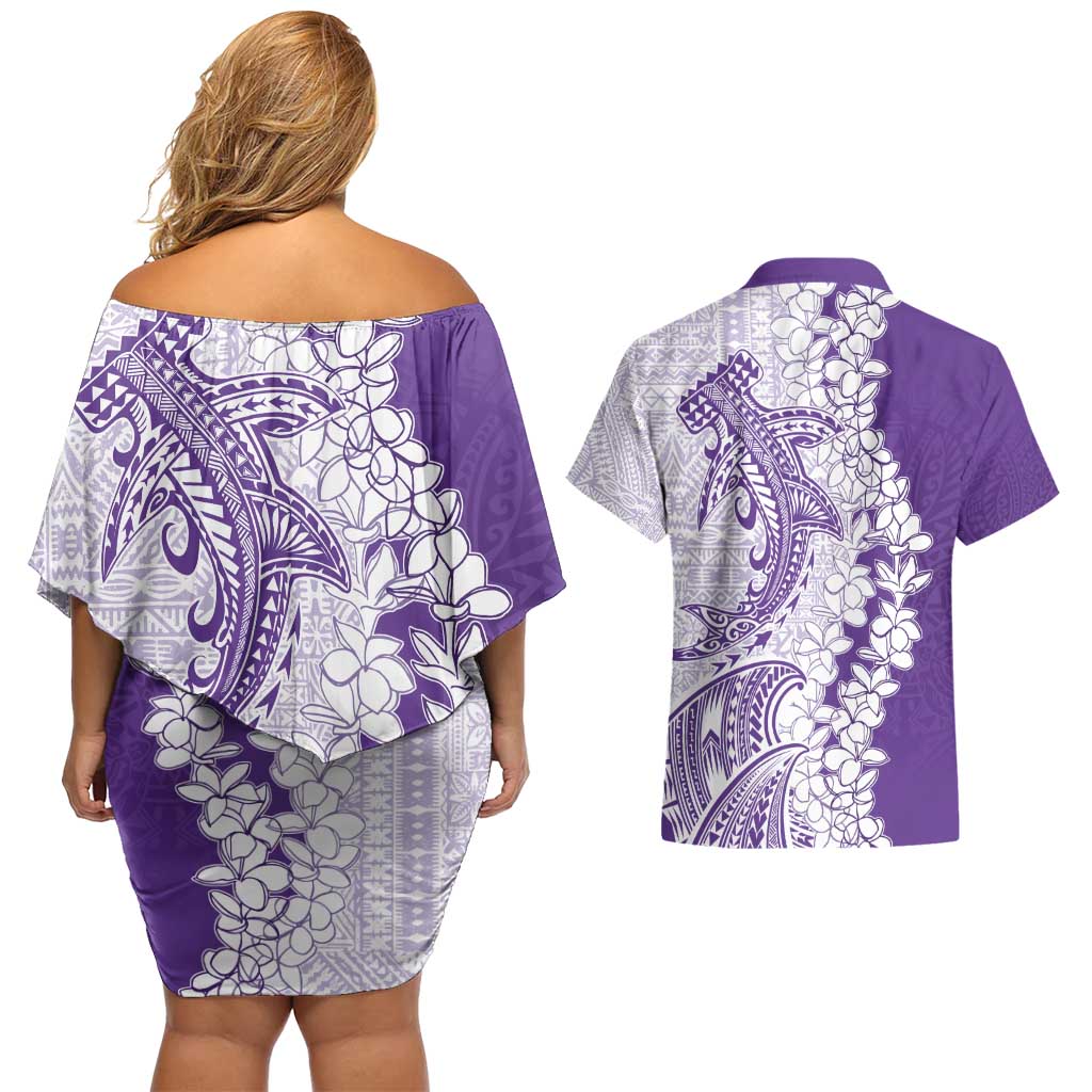 Polynesian Purple Plumeria Lei Couples Matching Off Shoulder Short Dress and Hawaiian Shirt with Hammerhead Shark LT7 - Polynesian Pride