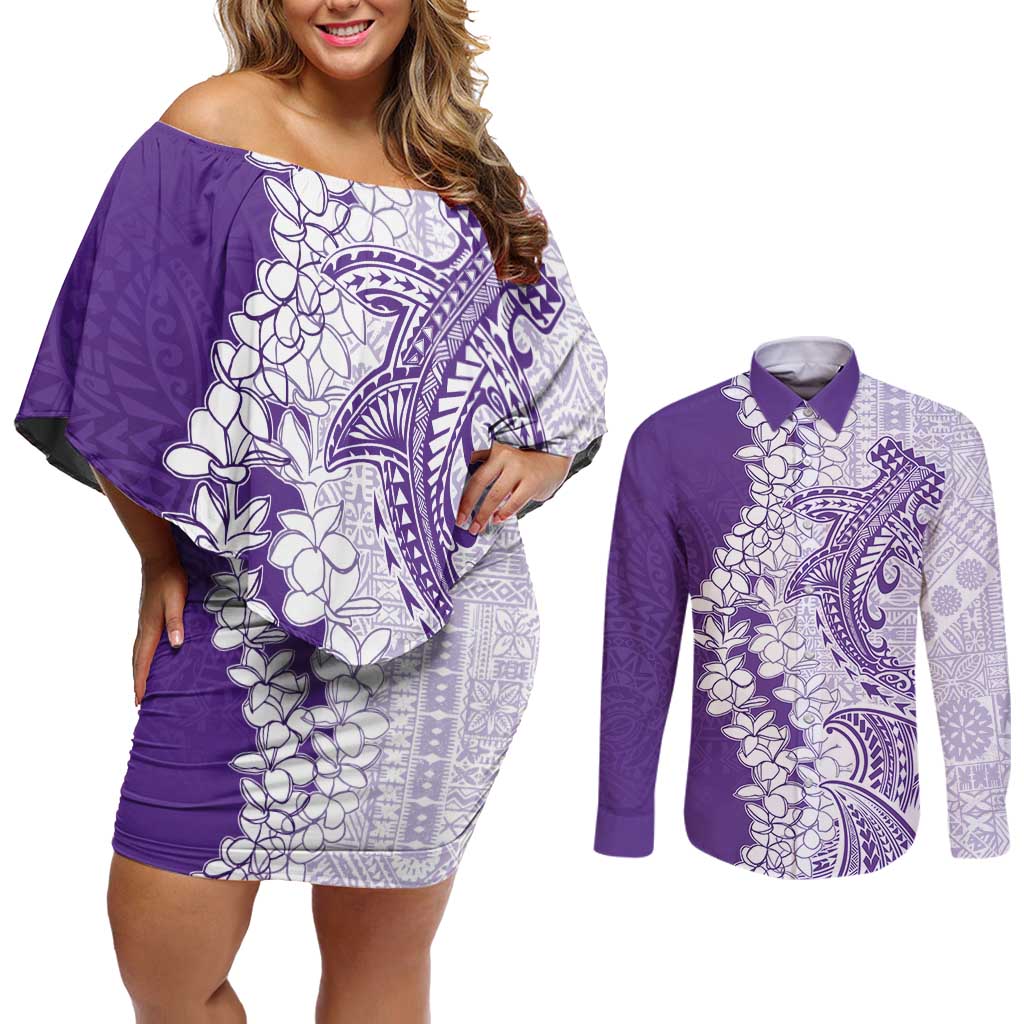 Polynesian Purple Plumeria Lei Couples Matching Off Shoulder Short Dress and Long Sleeve Button Shirt with Hammerhead Shark LT7 Purple - Polynesian Pride