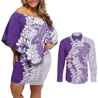 Polynesian Purple Plumeria Lei Couples Matching Off Shoulder Short Dress and Long Sleeve Button Shirt with Hammerhead Shark LT7 Purple - Polynesian Pride