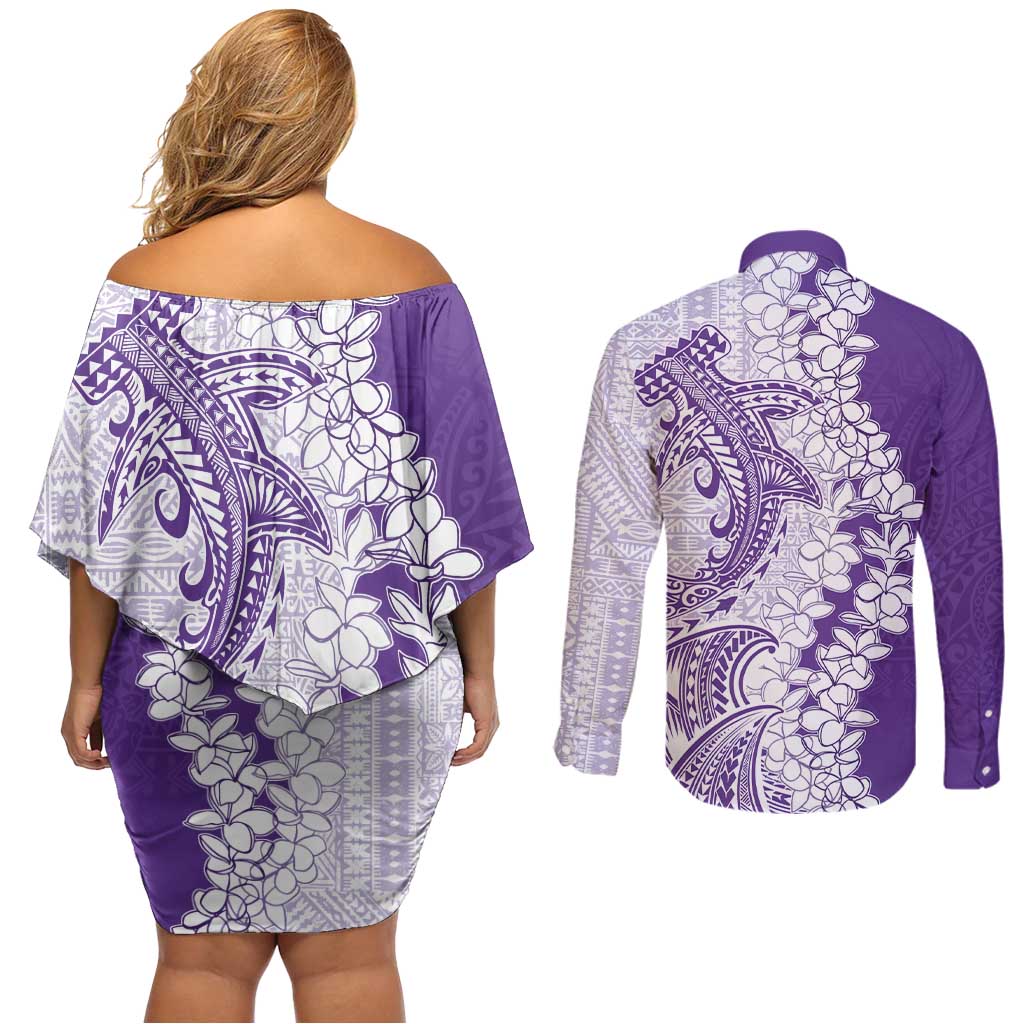 Polynesian Purple Plumeria Lei Couples Matching Off Shoulder Short Dress and Long Sleeve Button Shirt with Hammerhead Shark LT7 - Polynesian Pride