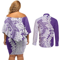 Polynesian Purple Plumeria Lei Couples Matching Off Shoulder Short Dress and Long Sleeve Button Shirt with Hammerhead Shark LT7 - Polynesian Pride