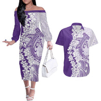 Polynesian Purple Plumeria Lei Couples Matching Off The Shoulder Long Sleeve Dress and Hawaiian Shirt with Hammerhead Shark LT7 Purple - Polynesian Pride