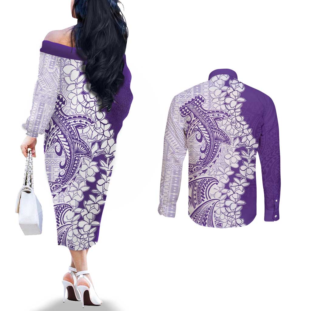 Polynesian Purple Plumeria Lei Couples Matching Off The Shoulder Long Sleeve Dress and Long Sleeve Button Shirt with Hammerhead Shark LT7 - Polynesian Pride