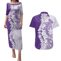 Polynesian Purple Plumeria Lei Couples Matching Puletasi and Hawaiian Shirt with Hammerhead Shark LT7 Purple - Polynesian Pride