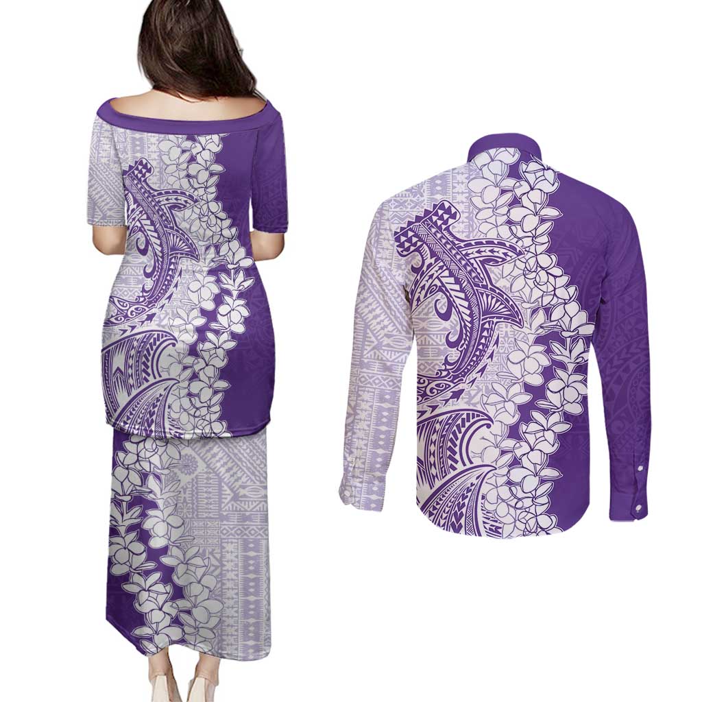 Polynesian Purple Plumeria Lei Couples Matching Puletasi and Long Sleeve Button Shirt with Hammerhead Shark