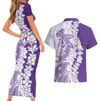 Polynesian Purple Plumeria Lei Couples Matching Short Sleeve Bodycon Dress and Hawaiian Shirt with Hammerhead Shark LT7 - Polynesian Pride