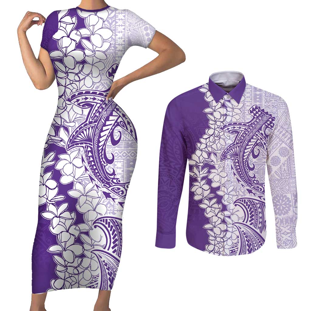 Polynesian Purple Plumeria Lei Couples Matching Short Sleeve Bodycon Dress and Long Sleeve Button Shirt with Hammerhead Shark LT7 Purple - Polynesian Pride