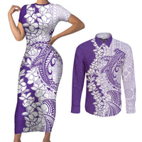 Polynesian Purple Plumeria Lei Couples Matching Short Sleeve Bodycon Dress and Long Sleeve Button Shirt with Hammerhead Shark LT7 Purple - Polynesian Pride